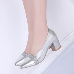 Summer Sexy Fashion Women Elegant Med Heel Shoes Woman Slip on Pointed Toe Pumps Shoes Ladies Gold Silver Bling Shoes Size 35-41