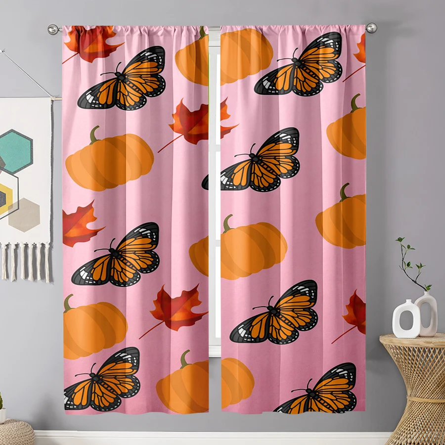 2PCS Digital Print Curtain, Butterflies Pumpkins Maple Leaves, Pink Background Autumn Garden Style for Living Room Bedroom Decor