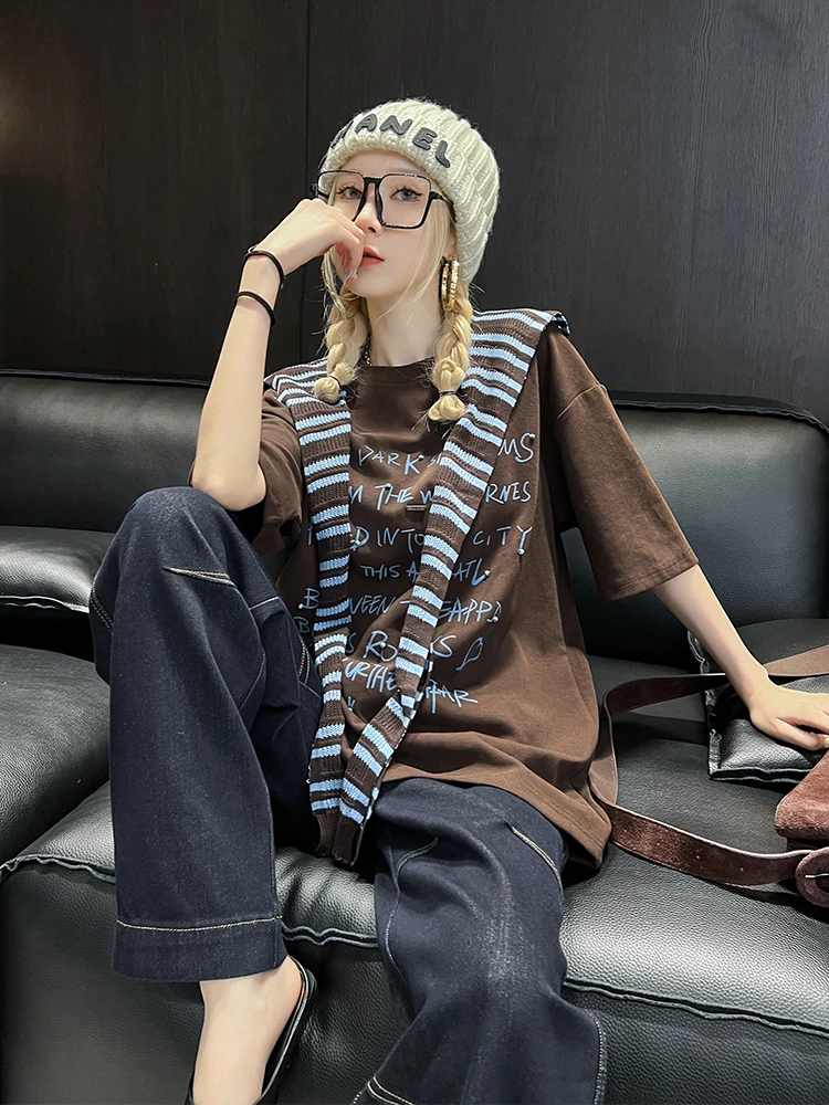 

Женская модная футболка с буквенным принтом, простой дизайн, круглый вырез, хлопок, дышащая, удобная, повседневная.