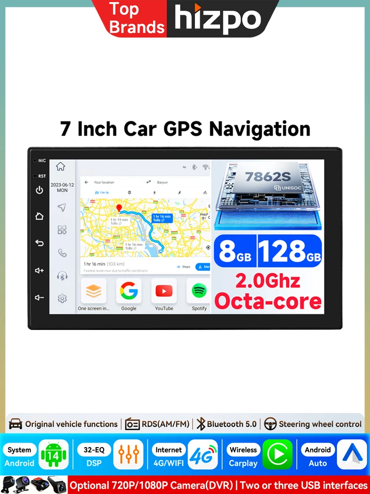 Radio samochodowe Hizpo 2Din Carplay Android Auto Odtwarzacz multimedialny 7-calowy ekran FM Wejście AUX Bluetooth Mirror Link Uniwersalne radio samochodowe — 2