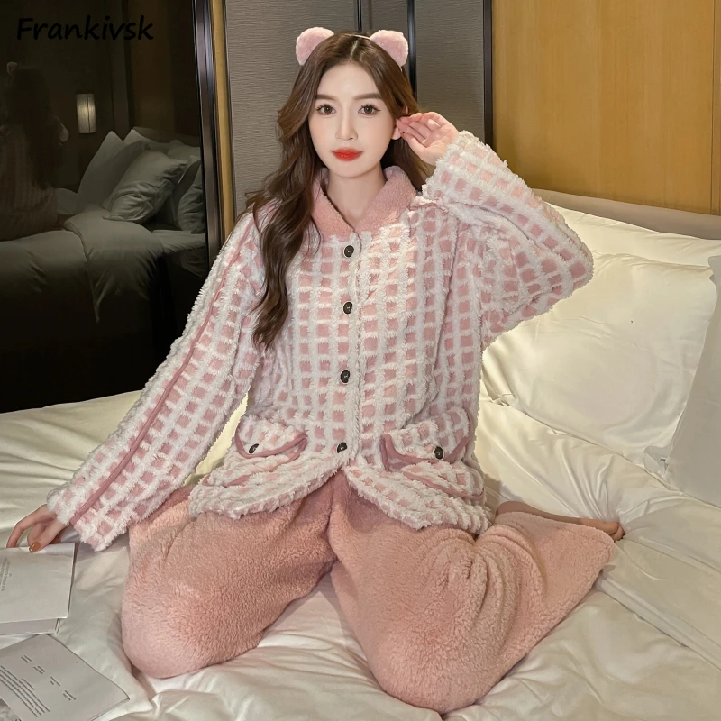 

Plaid Pajama Sets Women Loose Spliced Tender Winter Warm Nighty Advanced Popular All-match Normcore Aesthetic Exquisite Suit