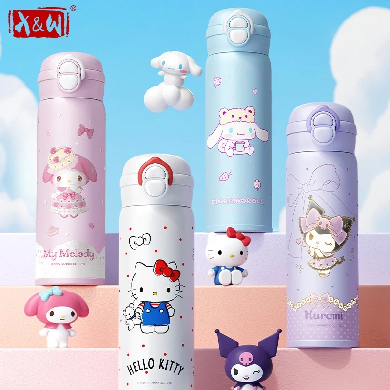 Taza térmica desplegable X&W de 500 ml para Sanrio, diseño de Kuromi, tazas de café, vaso deportivo a prueba de fugas con pajita, para viajes al aire libre