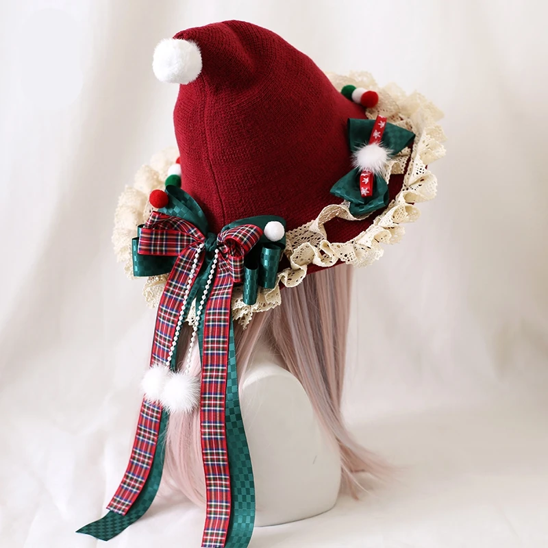 Sombrero de bruja de Navidad Original japonés Lolita, lazo de encaje, sombrero de cuento de hadas para mujer, accesorios de disfraces de fiesta, tocado con lazo