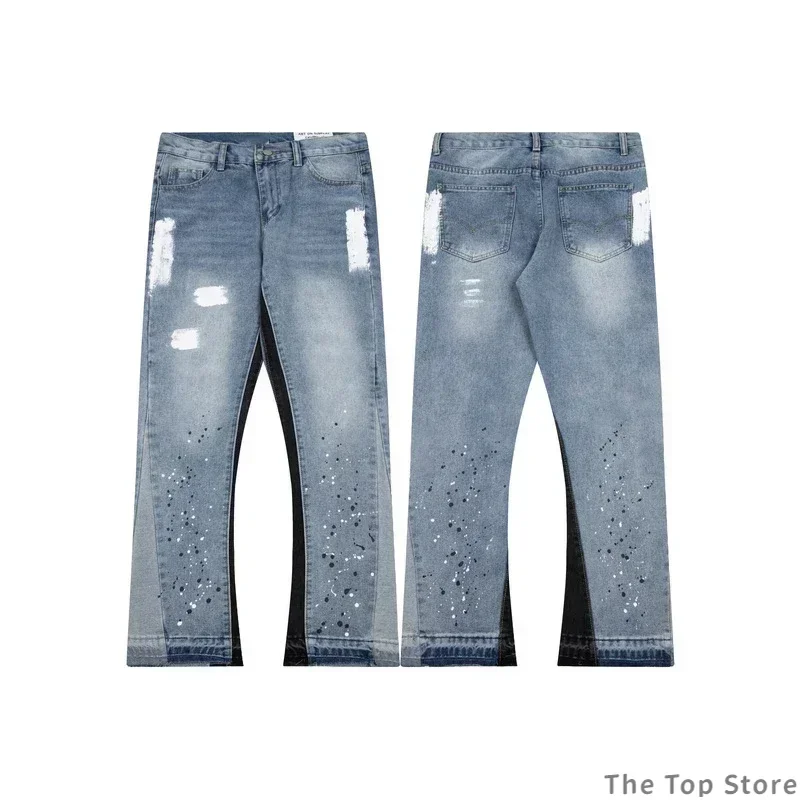 American style high street slashed ink ripped patchwork jeans men and women trendy brand straight slim micro flared trousers