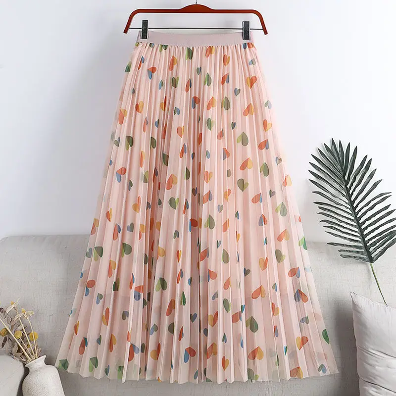 Women Love Print Pleated Fairy Sweet Chic Tulle Midi Skirt 2023 Summer Fashion Elegant Mesh High Waist Beach A Line Skirts Jupe