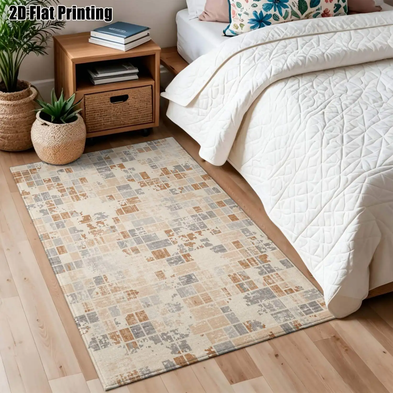 1Pc 2D Printed Retro Beige Geometric Vintage Nordic Minimalist European Home Decor Carpet, Machine Washable, Multi-Size, Suitable for Entrance, Dining, Foyer, Bedroom, Living Room