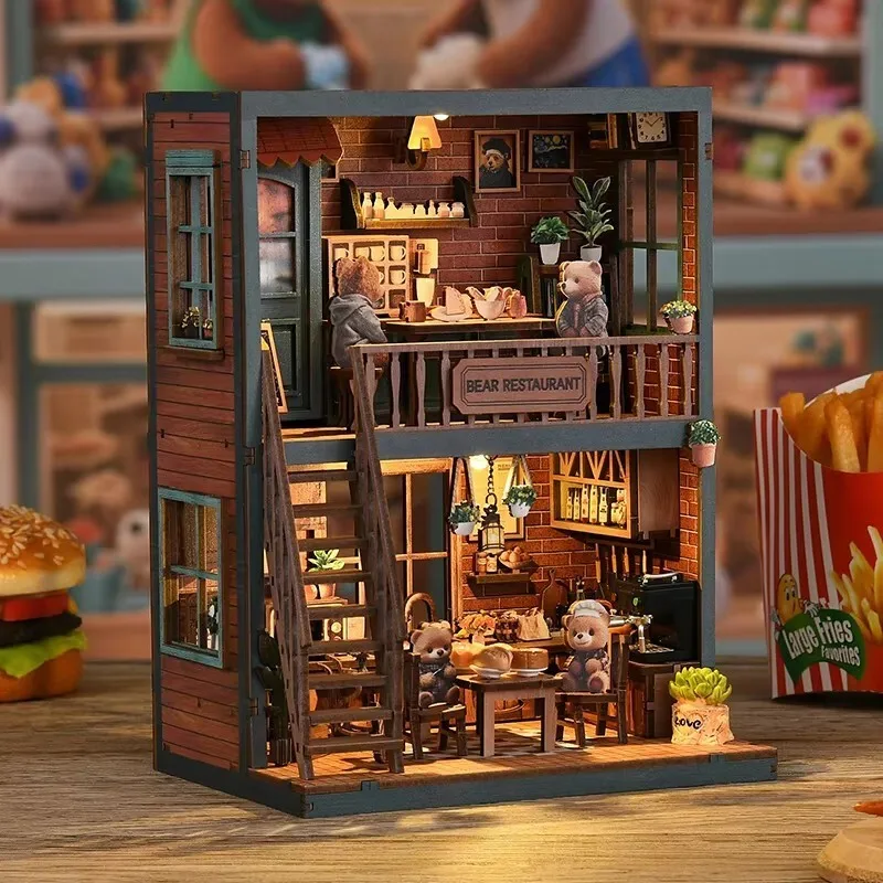 

Retro DIY Wooden Bear Restaurant House Figurines Miniatures Kits With LED Lights Home Desk Decoration For Adult Handmade Gifts