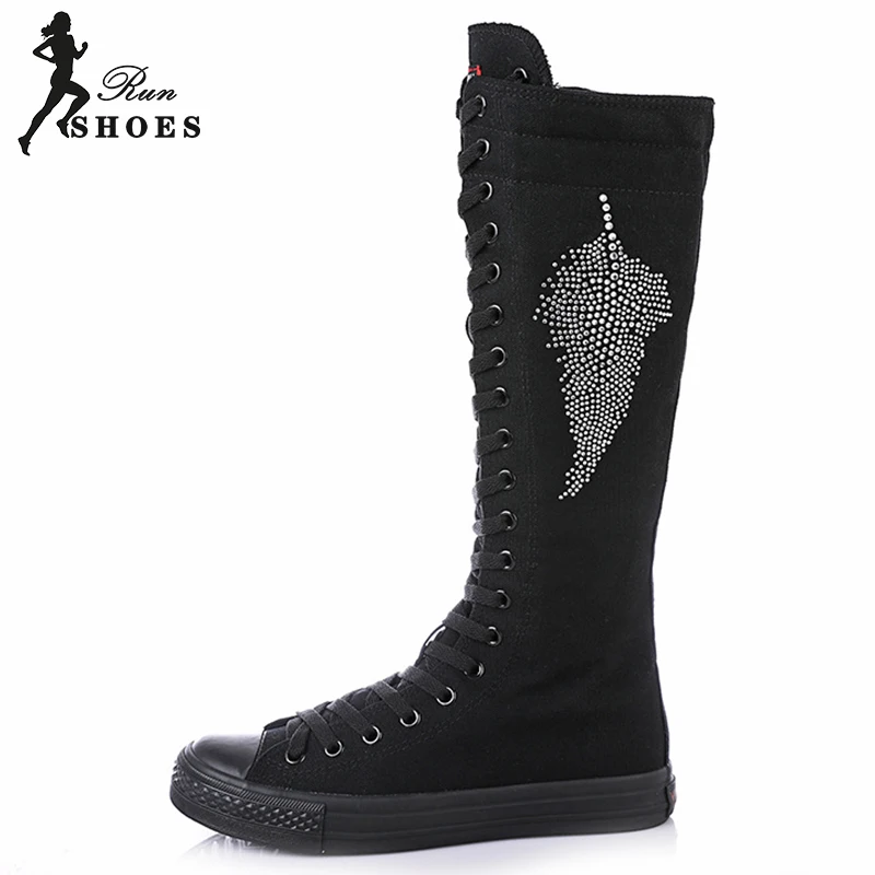 High Top Women\'s Canvas Shoes Diamond Knee High Boots Cheerleaders Dance Shoes Lace-Up Comfortable Flat Platform Vulcanized Shoe