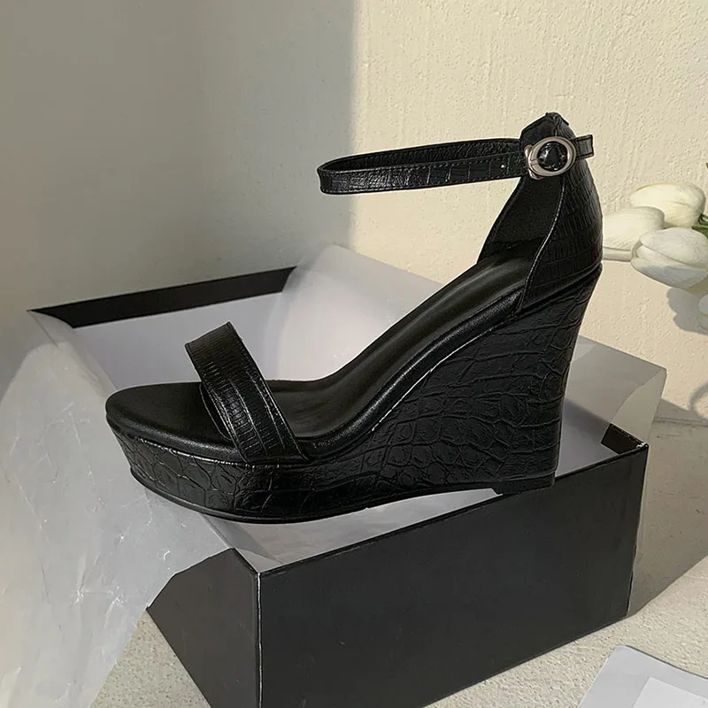 12CM Wedge sandals women summer leather black Roman word buckle waterproof thick bottom ultra-high with ms peep-toe shoes