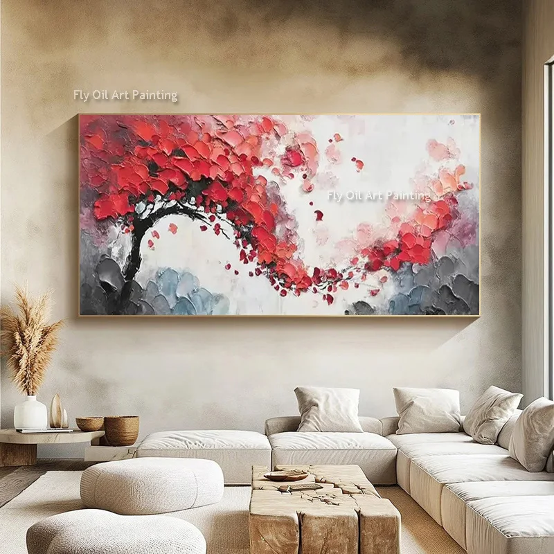 Heavy Impasto Large Canvas Nature Oil Painting Hand Painted Falling Red Floral Tree Artwork Living Room Home Decor Items