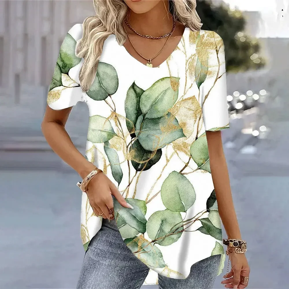 2024 New Women Loose Short-Sleeved T-Shirt V-Neck Fashion Summer Casual Tees Top Women\'s Oversized Top Tee Shirts Plus Sizes