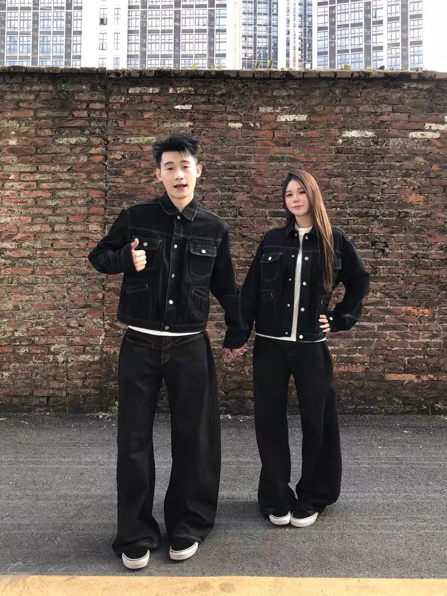 

Джинсовая куртка в стиле ретро с американской талией, свободная повседневная осенняя верхняя одежда, молодежная модная длинная куртка с воротником свека для пар