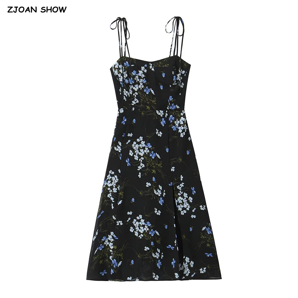 

2025 Summer French Style Retro Black Floral Print Bow Lacing Up Strap Sling Dress Women Elastic Back Slit Hem Long Dresses Robe