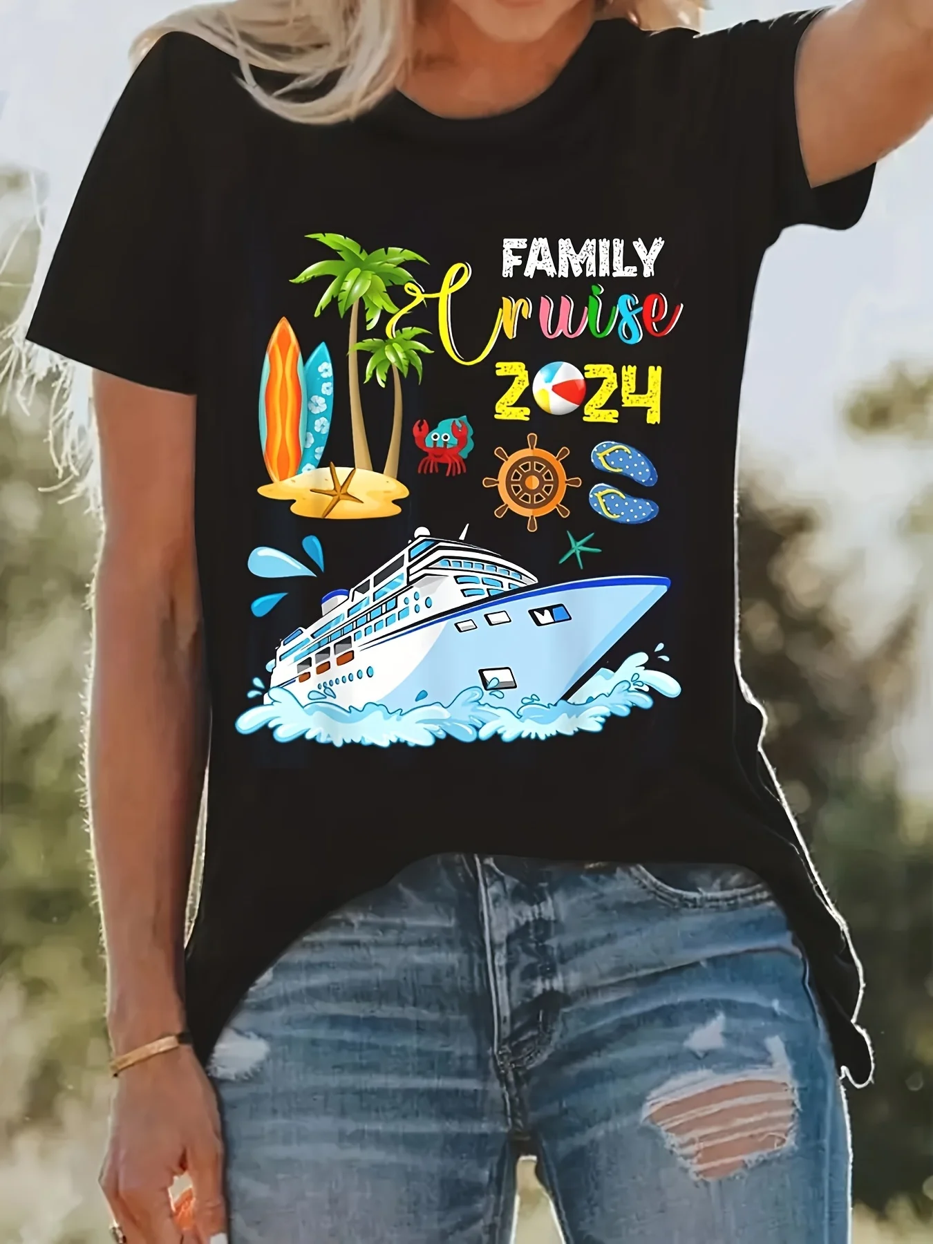 Yacht Surfing GraphicT-Shirt Woman Vacation Style New Loose Fashion Clothes Women's Round Neck Casual Stylish Print Clothing