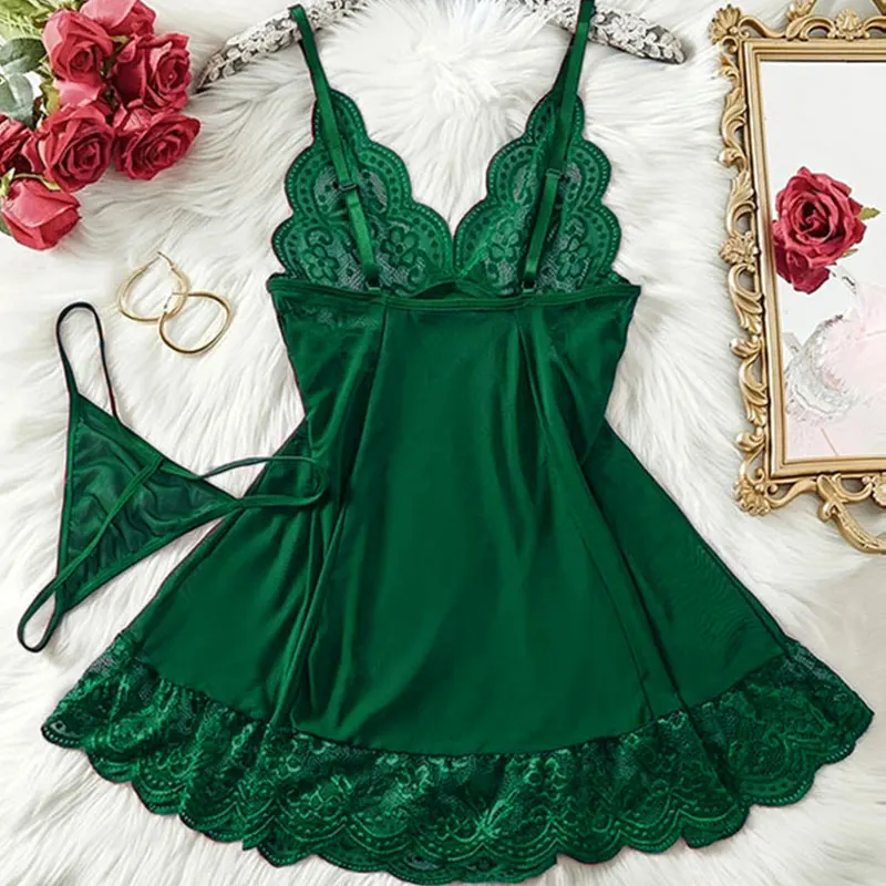 Nightgown Set for Sexy Woman Summer Night Dress Ultra-thin See-through Pajama Sets Lace Sleepwear Suspender Lingerie Nighty