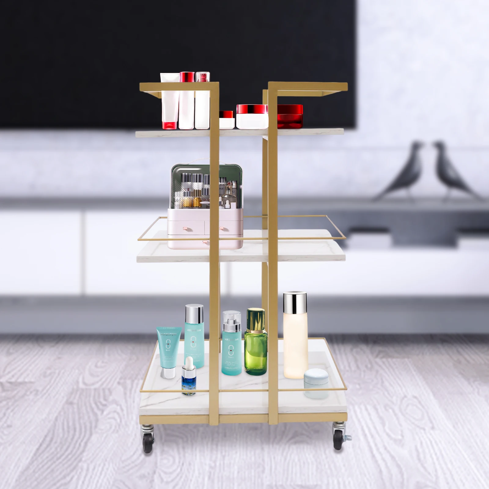 Utility Trolley 3-Tier Storage Rolling Cart Iron Wood White Gold Baking Paint with Wheels Multi-purpose for Cosmetics Snacks