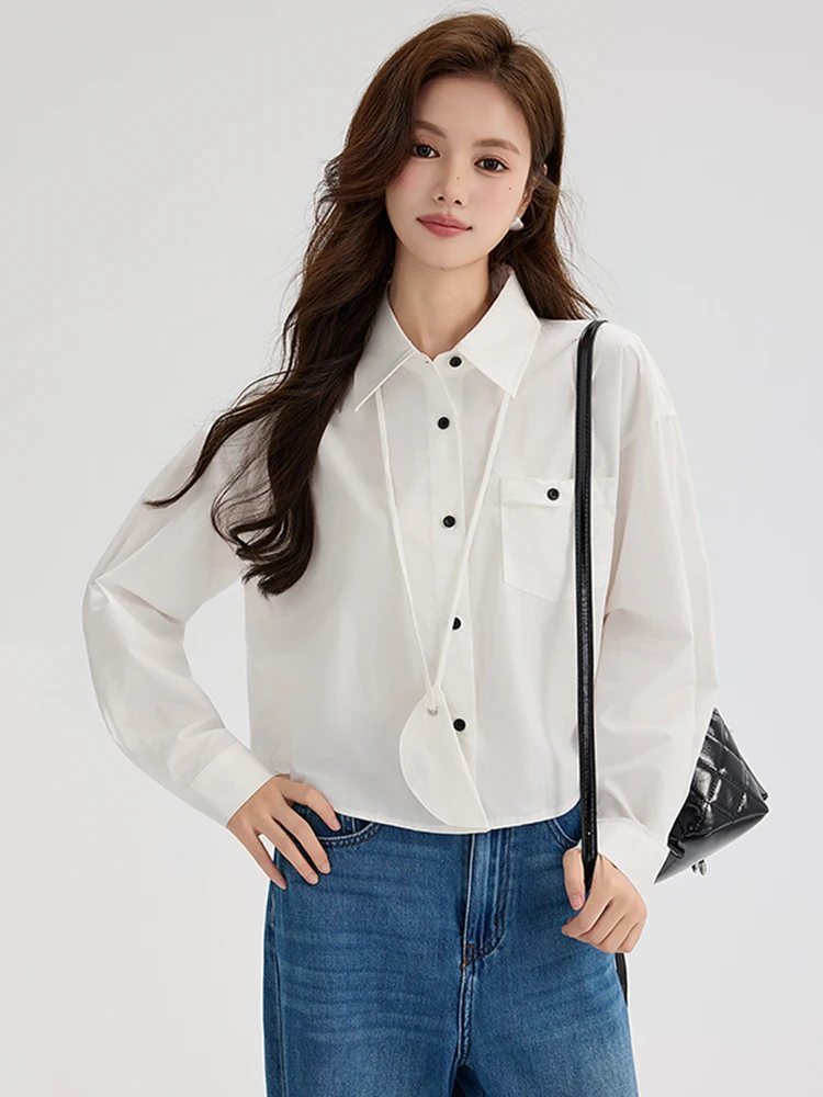 

White Long Sve irt Women's Commute Sle Button up Collar Versatile Top Spring 2026 Design Sensation Korean Faion