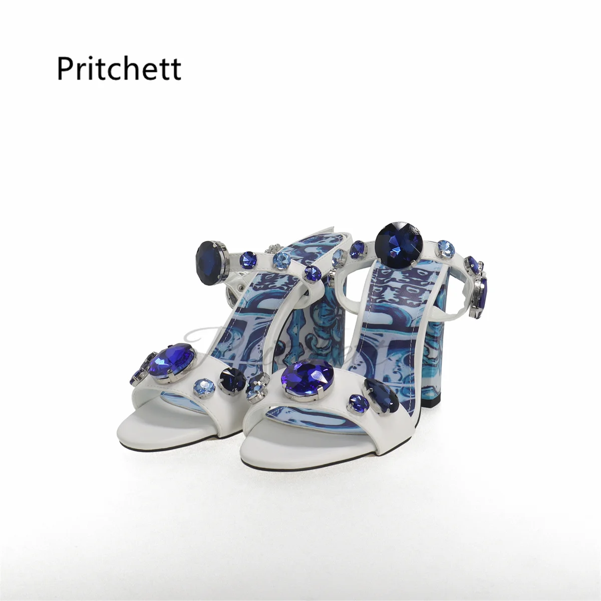 Diamond Blue and White Porcelain Sandals Women Open Toe Print Chunky Heel Summer Shoes Crtstal Bohemian Buckle Strap Sandals