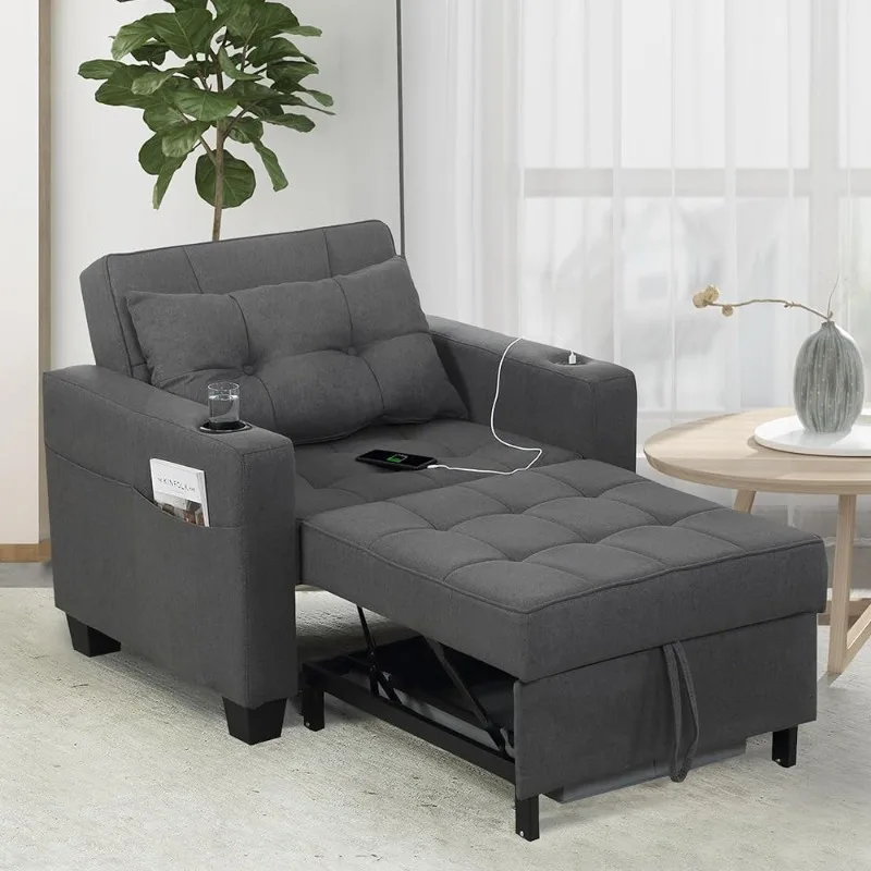 39 Inch Sleeper Chair Chair Beds Adjustable Single Armchair Sofa Bed with USB Ports, Side Pocket, Cup Holder (Dark Gray Linen)