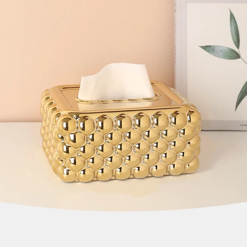 

Light Luxury Gold Rectangle Relief Bubble Tissue Box Ceramic Crafts Living Room Decoration Box Napkin Holder Household Products