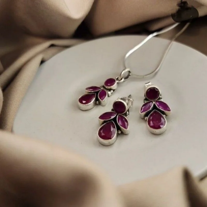 Vintage Trendy Rose Red Synthetic Stone Necklace Earring Set for Women, Classic Fashion, Luxury Jewelry, Party Gifts