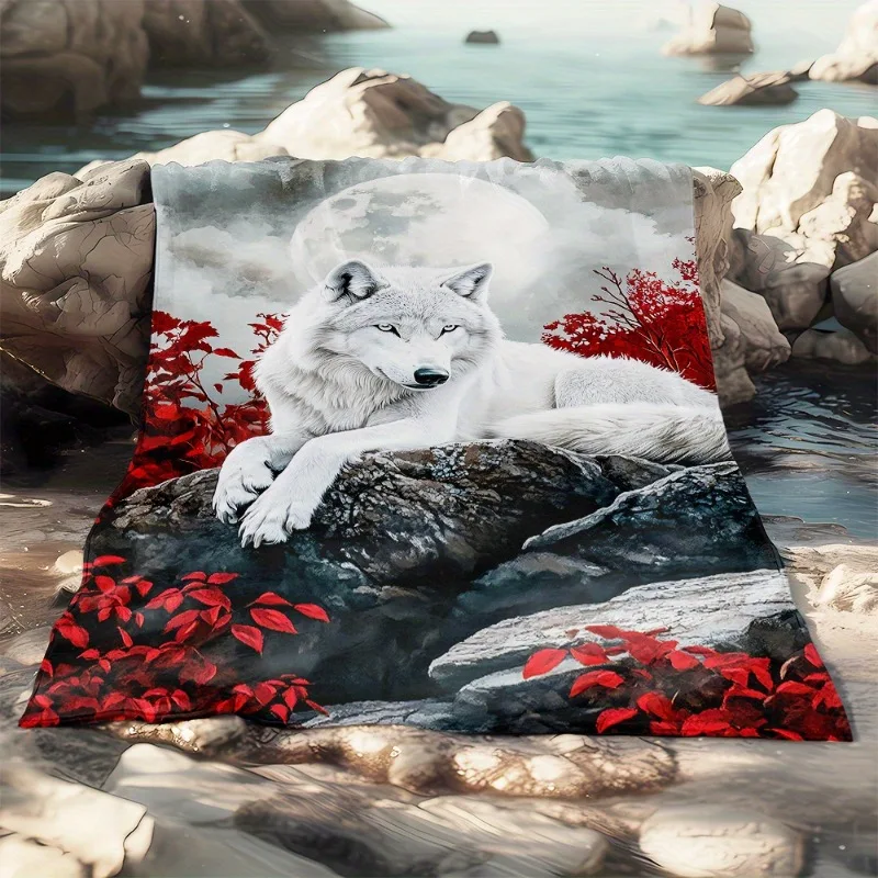 1 Stück Mondlich-Wolf- und rote Laub-Überwurfdecke – leichtes Flanell, weich und warm, ideal für Sofa, Outdoor, Camping, Wohnzimmer