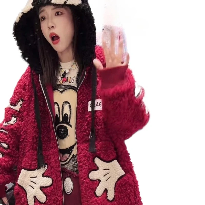 Cappotto con cappuccio Top a maniche lunghe slim fit allentato foderato in pile di Topolino Sherpa patchwork resistente alla moda europea per le donne