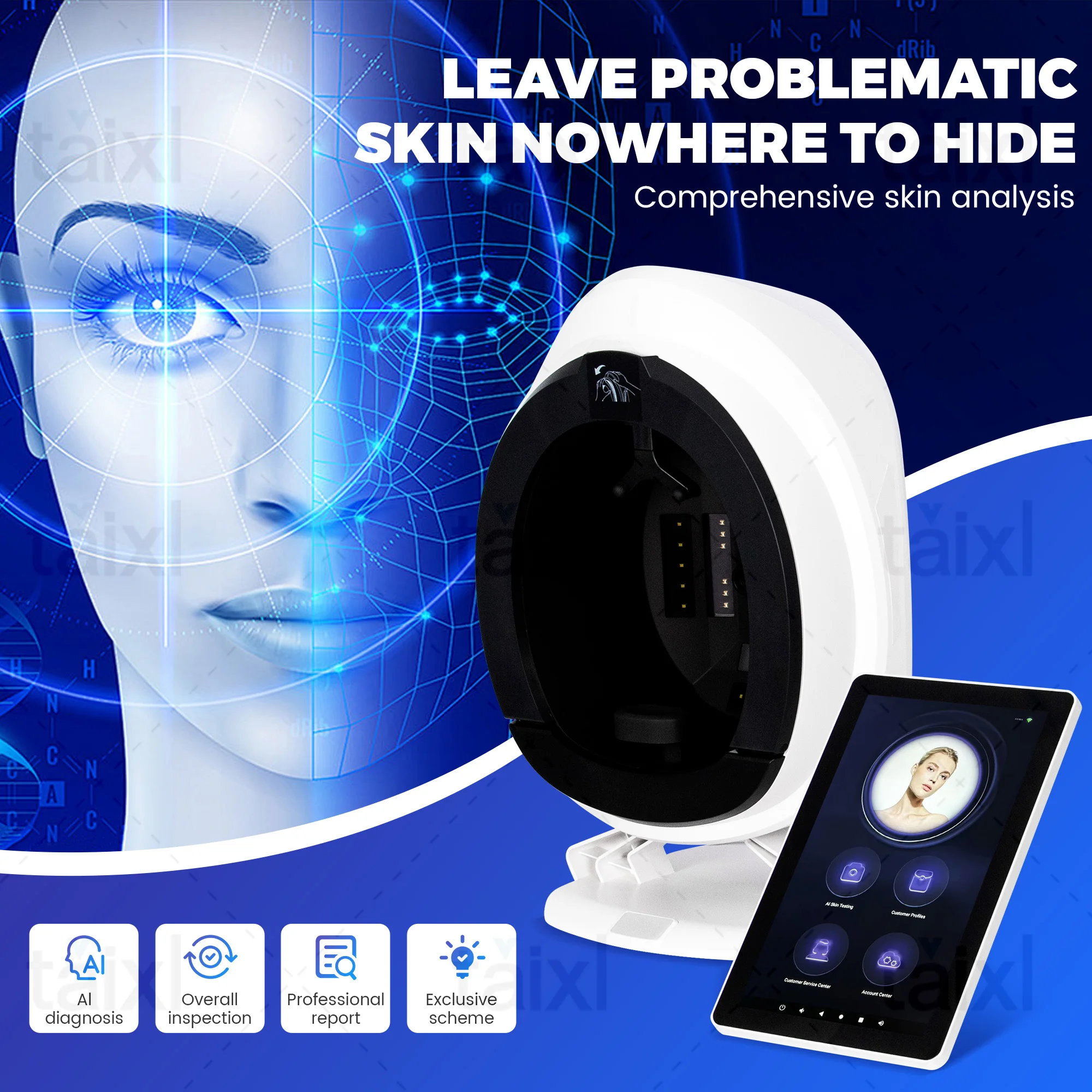 SkinAI Pro Q2 3D محلل الوجه 12 الطيف الماسح الضوئي للبشرة لحب الشباب التجاعيد الأشعة فوق البنفسجية البقع AI تشخيص صالون ومعدات العيادة