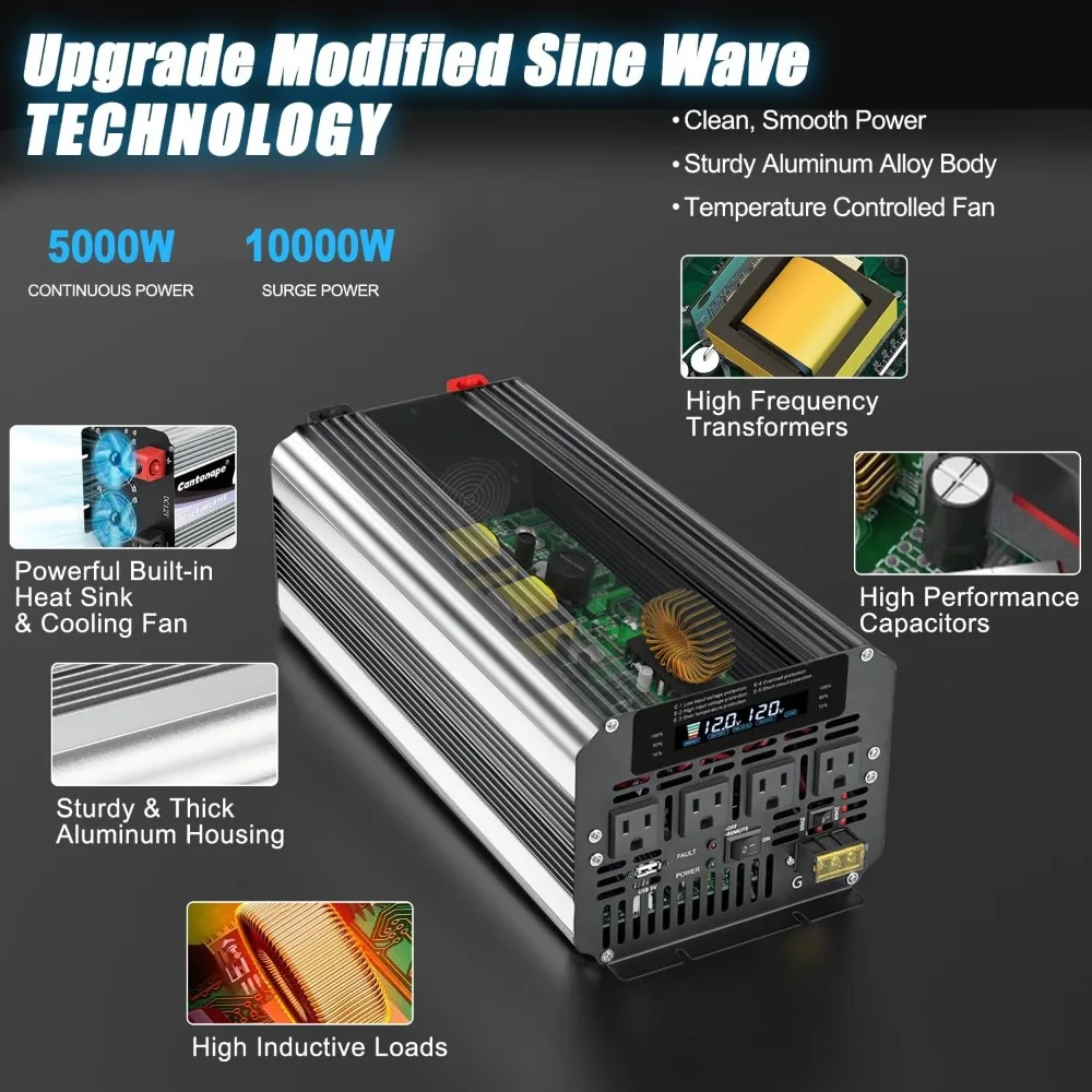 5000W Power Inverter 12V to 110V DC to AC with LCD Display, Remote Controller and 4 x AC Outlets Car Adapter for Car Truck