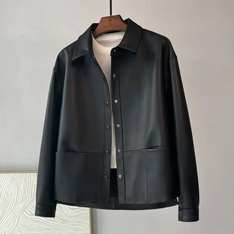 Women's Leather Jacket Autumn Classic Black Loose Casual Jackets Long Sleeves Lapels Single Breasted Spliced Short Women's Coat