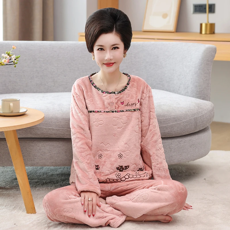 

High Quality Winter Thick Warm Women Flannel Pajamas Set Female Homewear