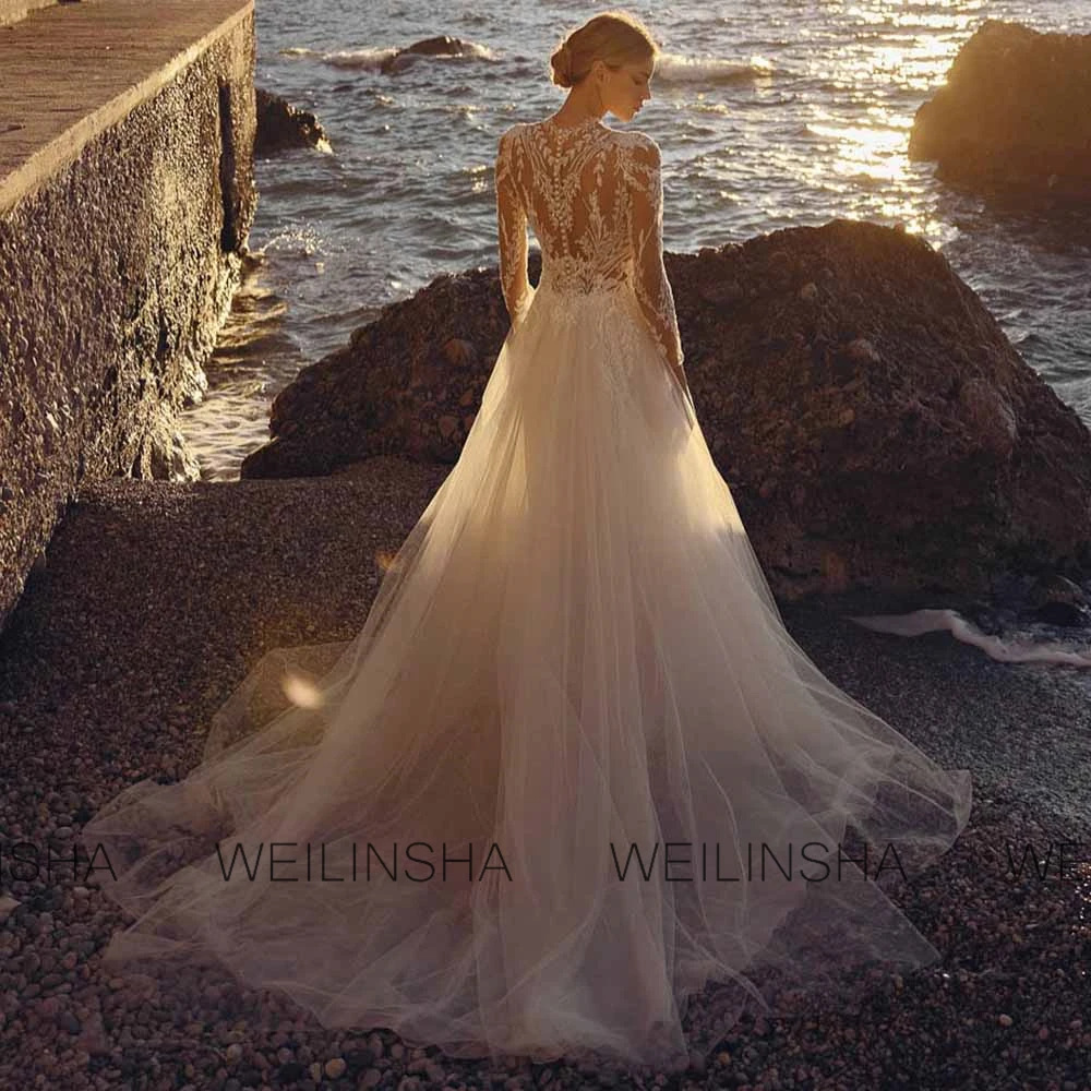 Classy Women's Wedding Dresses Tulle A-line Wedding Party Dress White O-Neck Lace Split Covered Button Modern Wedding Dress Long