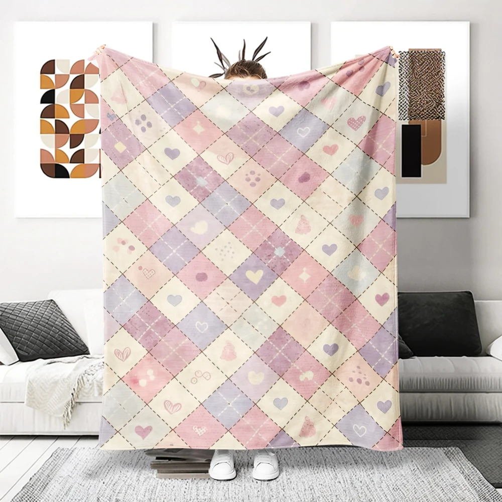 Pastel Argyle Hearts Dots Flannel Blanket Perfect For Sofa Office Bed Travel Sleep Read Relax Camping Four Season Use