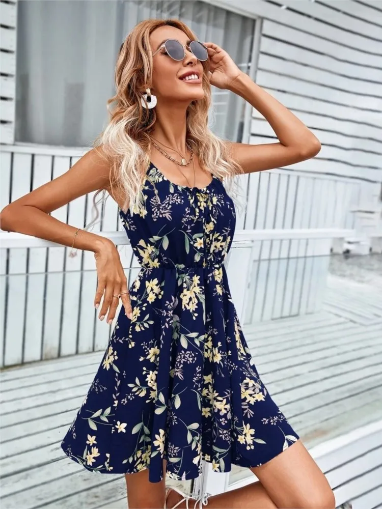 Vestido corto informal de verano sin mangas para mujer, minivestido elegante con tirantes finos, estampado Floral, Y2K, 2024