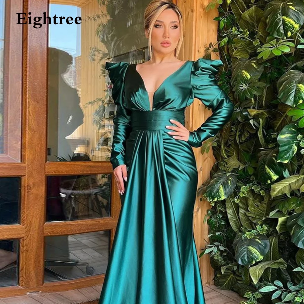 

Eightree Green Mermaid Prom Dresses Stain 2024 Vintage Sweetheart Pleat Full Sleeves Long Vestidos De Gala Evening Dresses