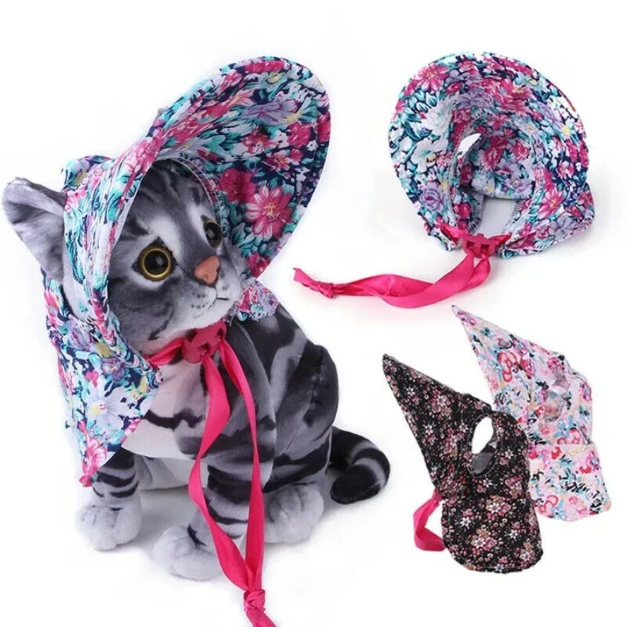 Retro Pet Floral Hats Cat Dog Visor Caps Lace-Up Grooming Dress Up Sun Caps