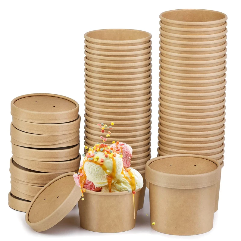 10pcs 8/12oz Soup Cups Paper Containers Kraft Food Disposable Go To Bowls Ice Cream Cup Lids Kitchen Supplies