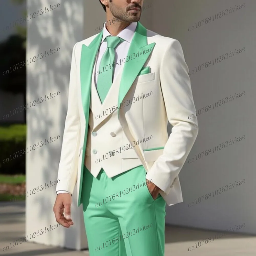 

Light Green And White Men Suit Wedding Party Formal Groom Groomsman Prom Business Male Tuxedos 3 Piece Set Jacket Vest Pants