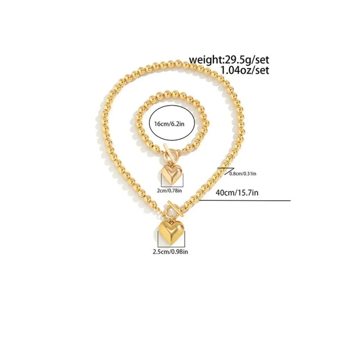 2Pcs Luxury Gold Color Beads Heart Pendant Necklace Bracelet for Women Punk Vintage OT Buckle Choker Wedding Party Jewelry Set