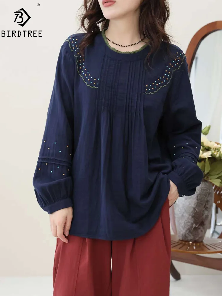 

New Autumn Cotton Long Sleeve Shirts, Women Lace Collar Embroidery Tops, Mori Girl Loose Sweet Blouses, 2024 Winter T48637QM