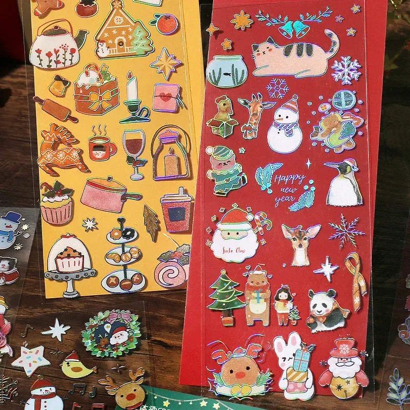 3 Sheets/pack PET Gilding Stickers Christmas Holiday Gift Art Handbook DIY Material Decoration Stickers Santa Clause Reindeer