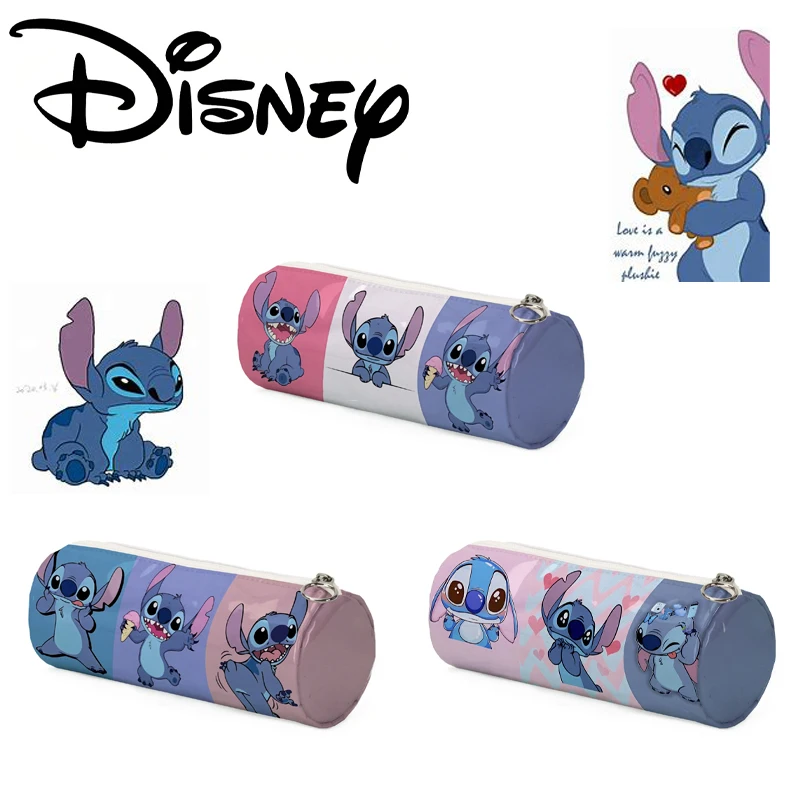 Disney Anime Stitch Cylindrical Pencil Cases for Children Anime Lilo & Stitch Pen Bag Large Capacity Stationery Storage Bag Gift