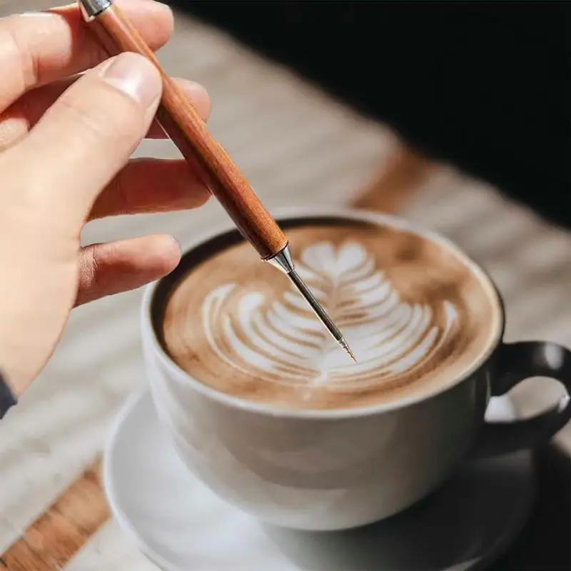 Stainless Steel Coffee Art Pen Dual-Ended Coffee Latte Needle With Wood Handle Cappuccino Spatula Needle For Carving And