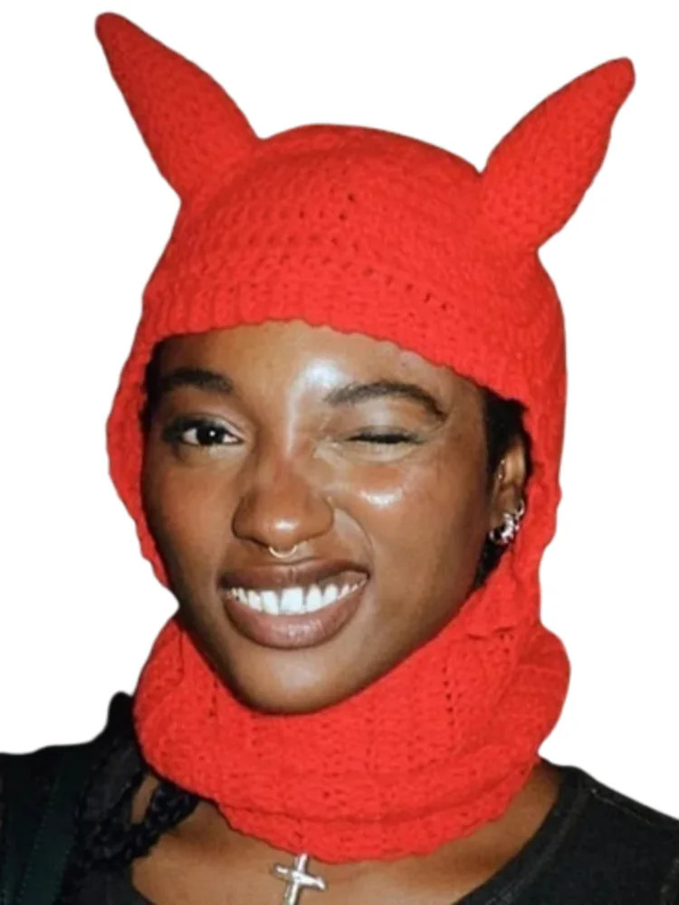 New Harajuku Women Halloween Hat Horn Shape Knitting Solid Color Color Winter Warm Loose Causal Cute Animals Ear Fashion Hot Red