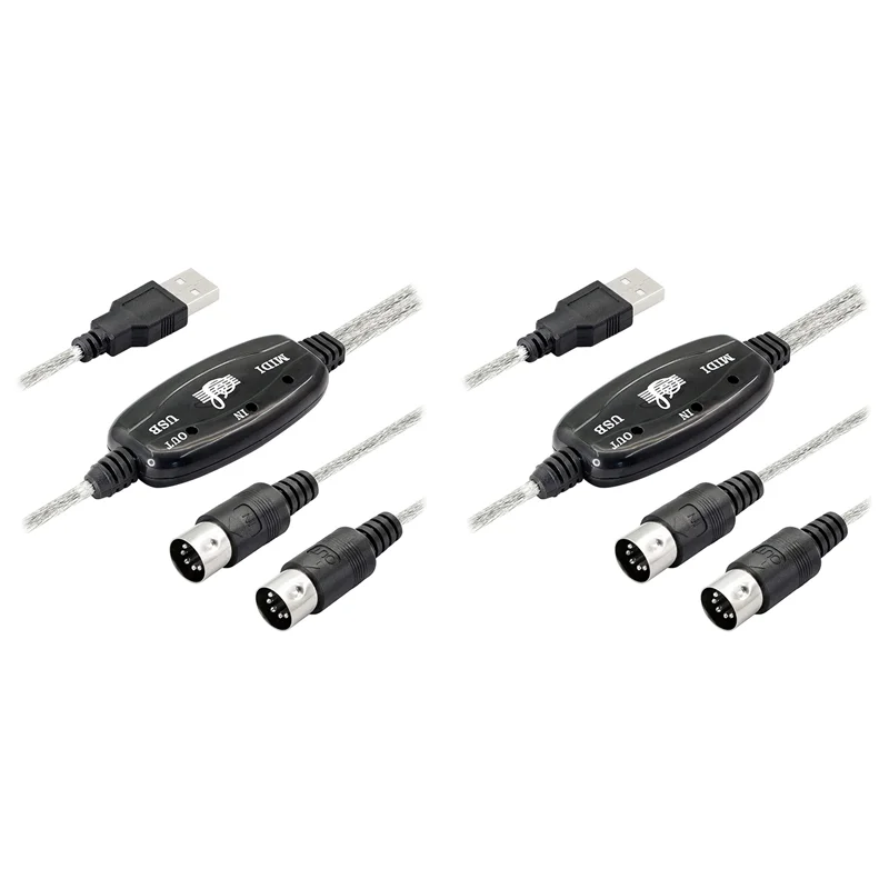 2X USB MIDI مهائي كابلات، USB نوع A ذكر إلى MIDI Din 5 Pin In-out Cable Interface مع مؤشر LED للوحة مفاتيح الموسيقى-PZW