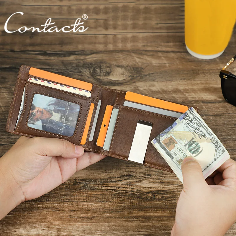 

Кошельки CONTACT'S из натуральной кожи в стиле ретро, мужские кошельки с RFID-защитой, слотом для карт, держателем для фотографий, портативным зажимом для денег, мужские дорожные мини-кошельки в подарок
