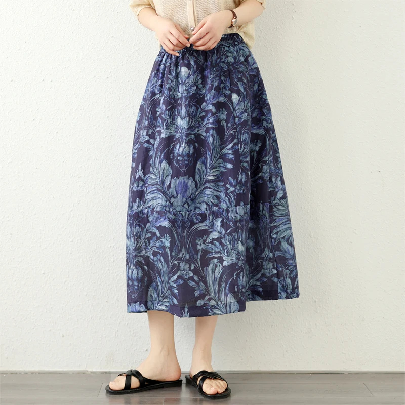 

plus Size Cotton Linen Print Casual Midi A-Line Skirt for Mom Spring Summer New Style Women's Fashion Commute Artistic Skirt