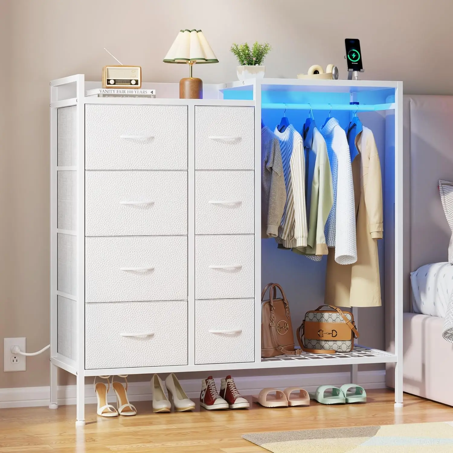 

Dresser with Hanging Rack, 8-Drawer Dresser for Bedroom with Charging Station & LED Lights, Fabric Dressers with Shoe Rack