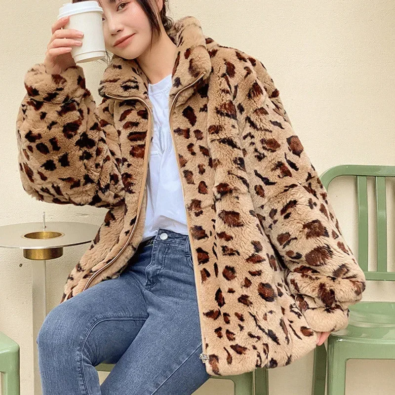 Autumn Winter 2024 Korean Version Loose Warm Lamb Hair Women Short Coat Female Leopard Fur Plush  Women\'s Clothing N176