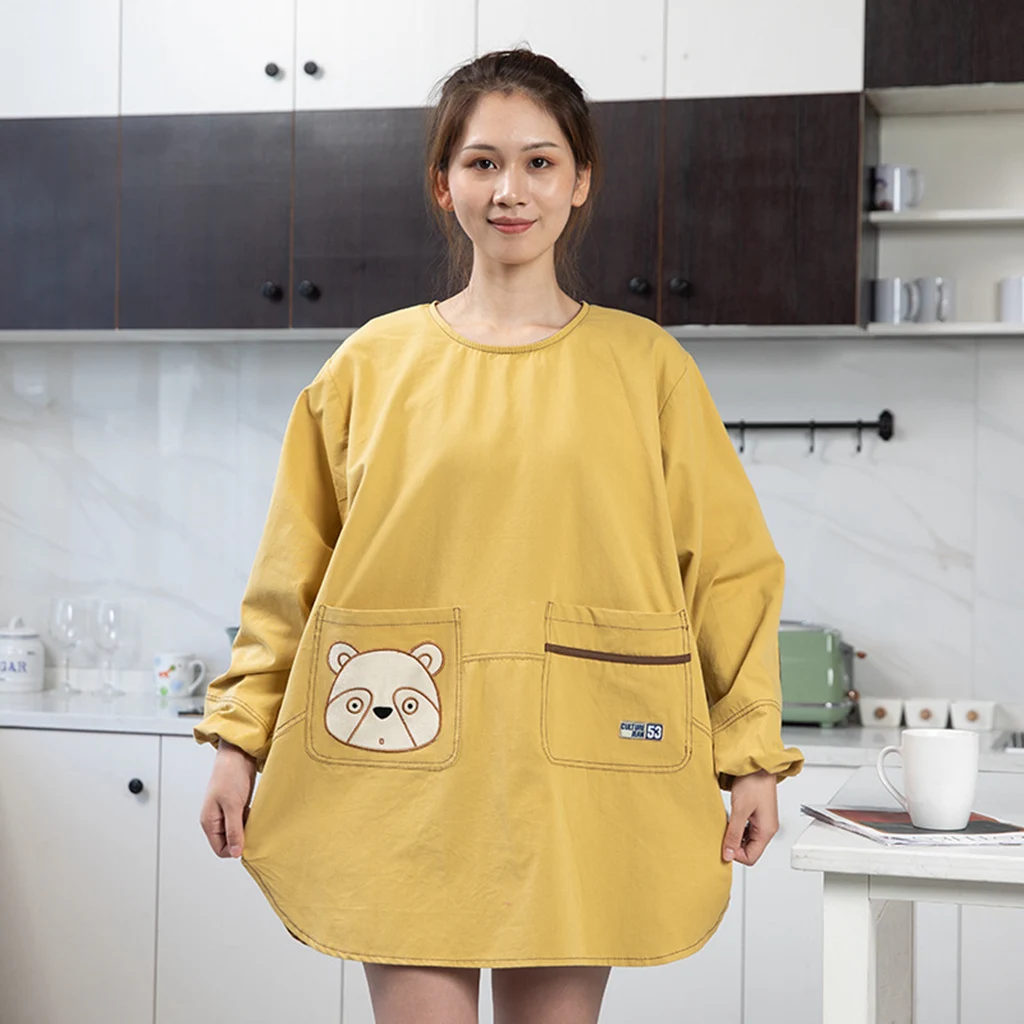 Cartoon Bear Antifouling Apron Kitchen Long sleeved Overalls Waterproof Restaurant Worker Supermarket Florist Apron For Women